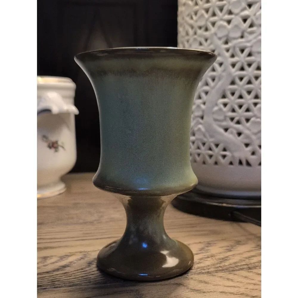 Frankoma Prairie Green Ceramic Pedestal Urn Vase Planter Vintage 1960's